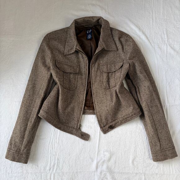GAP Jackets & Blazers - VTG GAP Cropped Harrington Jacket Women's M Brown Wool Blend Rare Minimalist Y2K
